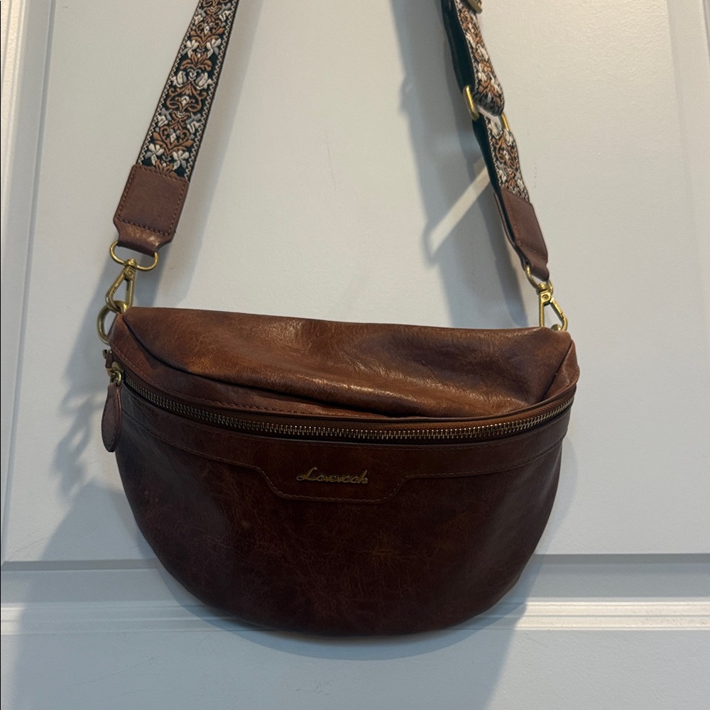 Lacoste Dark Brown Crossbody Bag with Patterned Strap